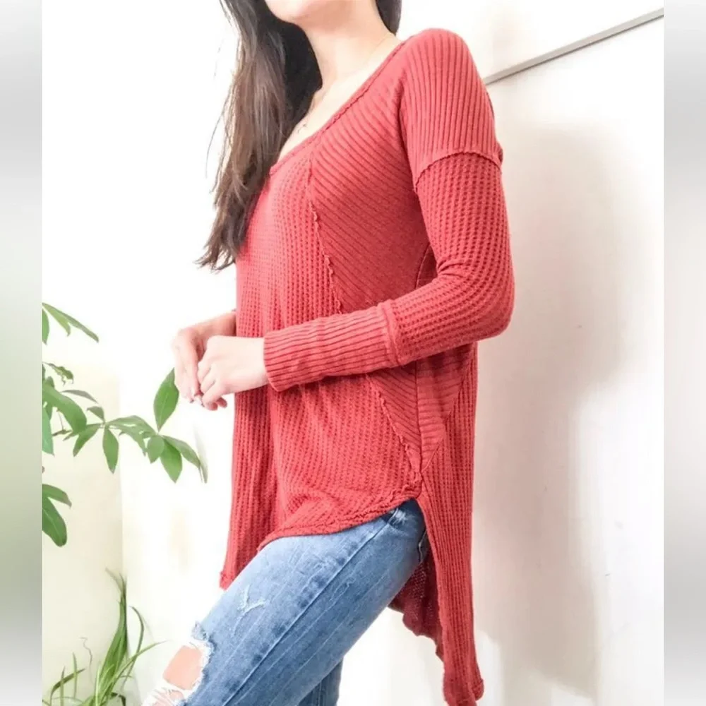Free People salmon  orange Ventura drippy thermal long sleeve top Size S